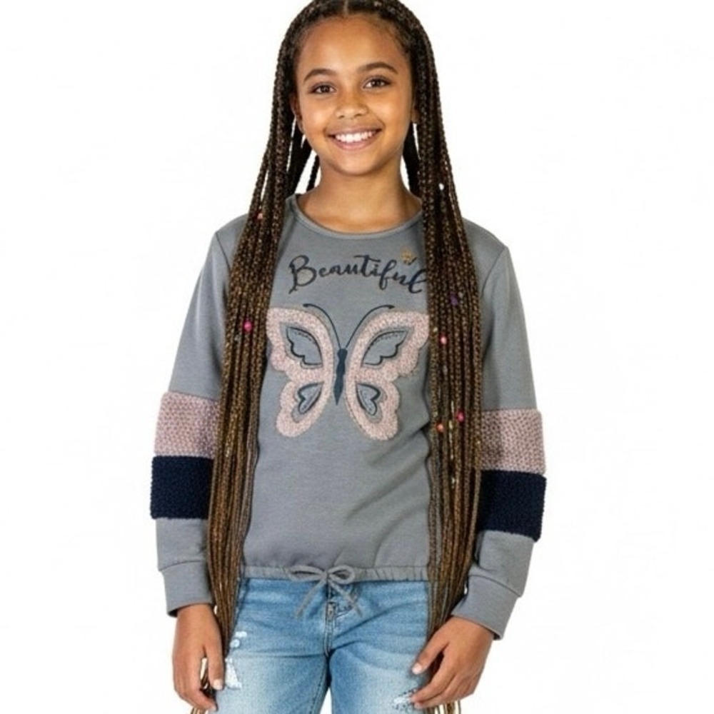NWT Ally B Butterfly Graphic Faux Fur Sleeve Sweatshirt Gray Soft Size XL (16)